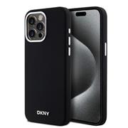 DKNY Liquid Silicone Silver Metal Logo Magsafe Zadní Kryt pro iPhone 15 Pro Max Black