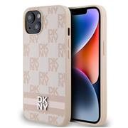 DKNY PU Leather Checkered Pattern and Stripe Zadní Kryt pro iPhone 14 Pink