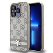 DKNY PU Leather Checkered Pattern and Stripe Zadní Kryt pro iPhone 14 Pro Max Beige