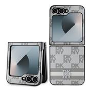 DKNY PU Leather Checkered Pattern and Stripe Zadní Kryt pro Samsung Galaxy Z Flip 6/7 FE Beige