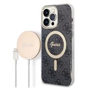 Guess 4G MagSafe Kompatibilní Zadní Kryt + Bezdrátová Nabíječka pro iPhone 14 Pro Max Black