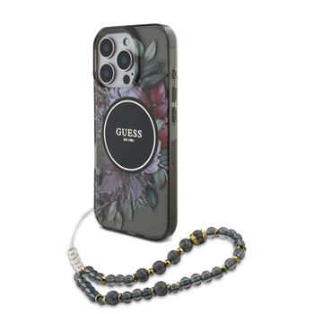 Guess IML Flowers Strap MagSafe Zadní Kryt pro iPhone 16 Pro Max Black