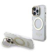 Guess IML Gold Outline Stand Camera Frame MagSafe Zadní Kryt pro iPhone 16 Pro Max Transparent