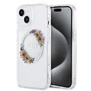 Guess PC/TPU Flowers Ring Glossy Logo MagSafe Zadní Kryt pro iPhone 15 Plus Transparent