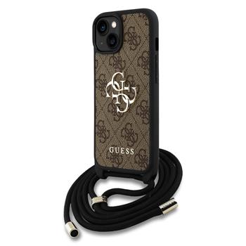 Guess PU 4G Metal Logo Crossbody Popruh Zadní Kryt pro iPhone 15 Brown