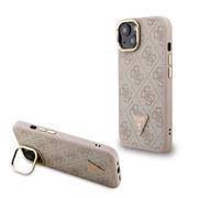 Guess PU 4G Strass Triangle Logo Stand Camera Frame MagSafe Zadní Kryt pro iPhone 14 Pink