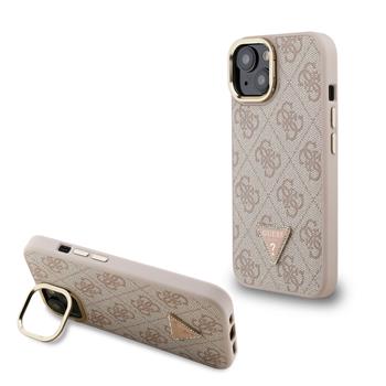 Guess PU 4G Strass Triangle Logo Stand Camera Frame MagSafe Zadní Kryt pro iPhone 15 Pink
