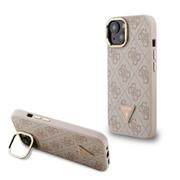 Guess PU 4G Strass Triangle Logo Stand Camera Frame MagSafe Zadní Kryt pro iPhone 15 Pink