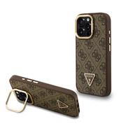 Guess PU 4G Strass Triangle Logo Stand Camera Frame MagSafe Zadní Kryt pro iPhone 15 Pro Max Brown