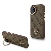 Guess PU 4G Strass Triangle Logo Stand Camera Frame MagSafe Zadní Kryt pro iPhone 16 Brown