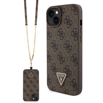 Guess PU 4G Strass Triangle Metal Logo Zadní Kryt + Crossbody Popruh pro iPhone 15 Plus Brown