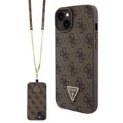 Guess PU 4G Strass Triangle Metal Logo Zadní Kryt + Crossbody Popruh pro iPhone 15 Plus Brown