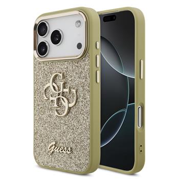 Guess PU Fixed Glitter 4G Metal Frame Zadní Kryt pro iPhone 17 Pro Gold