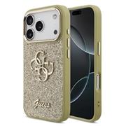 Guess PU Fixed Glitter 4G Metal Frame Zadní Kryt pro iPhone 17 Pro Gold