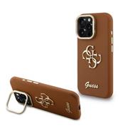 Guess PU Grained 4G Logo Stand Camera Frame Zadní Kryt pro iPhone 15 Pro Brown
