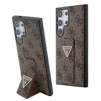 Guess PU Grip Stand 4G Strass Triangle Metal Logo Zadní Kryt pro Samsung Galaxy S24 Ultra Brown