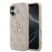 Guess PU Leather 4G Metal Logo Gold Frame Zadní Kryt pro iPhone 17 Pink
