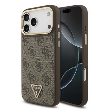 Guess PU Leather 4G Triangle Logo Gold Frame MagSafe Zadní Kryt pro iPhone 17 Pro Max Brown
