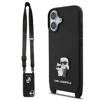 Karl Lagerfeld Saffiano Crossbody Popruh Metal Karl and Choupette Zadní Kryt pro iPhone 17 Black
