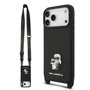Karl Lagerfeld Saffiano Crossbody Popruh Metal Karl and Choupette Zadní Kryt pro iPhone 17 Pro Black